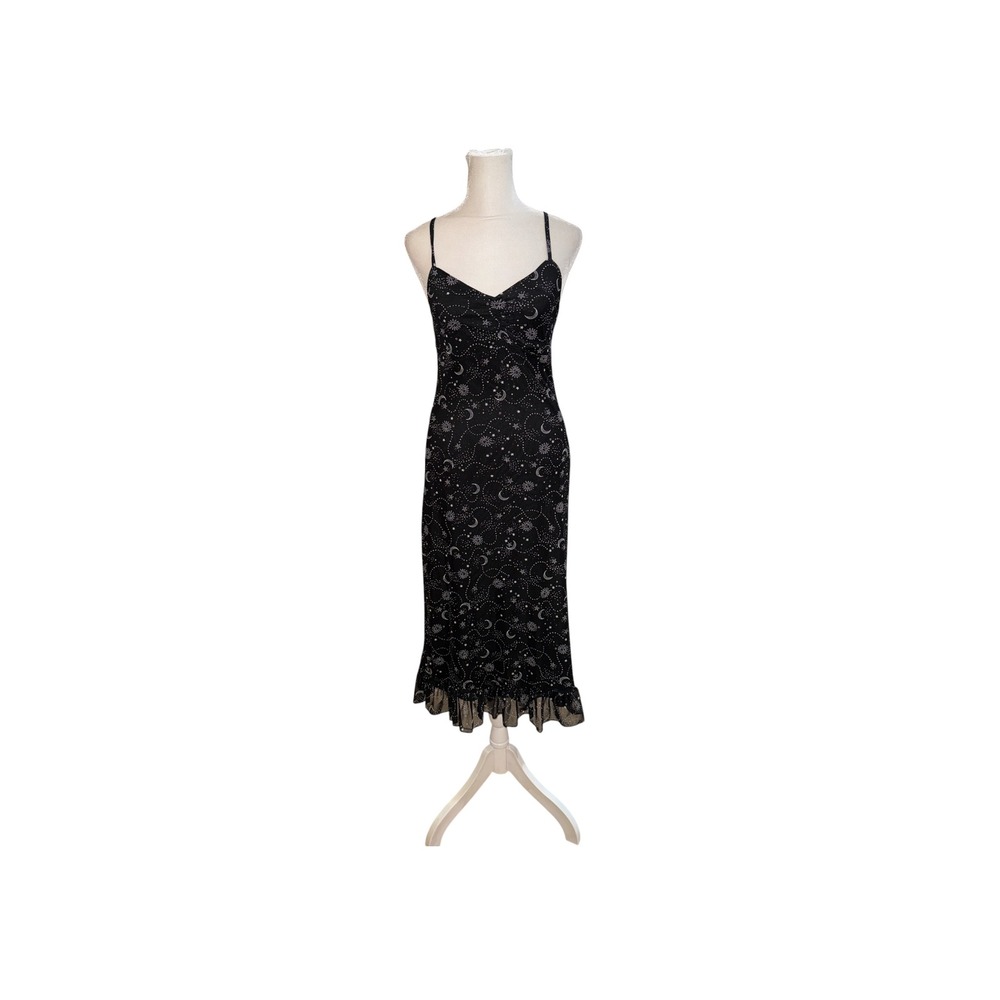 Ultra Flirt‎ Womens Celestial Moon Star Print Ruffle Midi Dress Black Small
